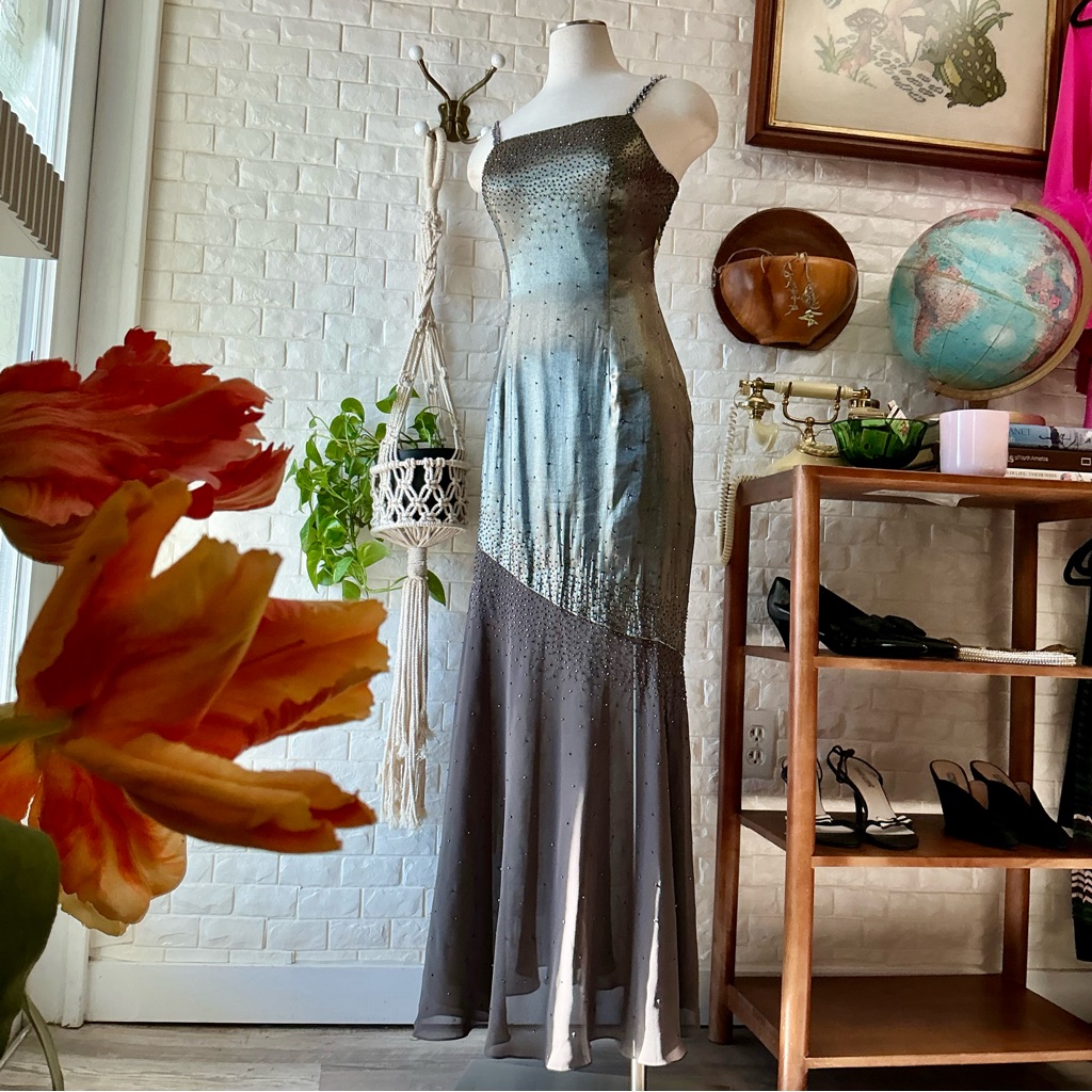 Vintage 1990s Y2k Cache Olive Satin And Chiffon Asymmetrical Hem Beaded Gown